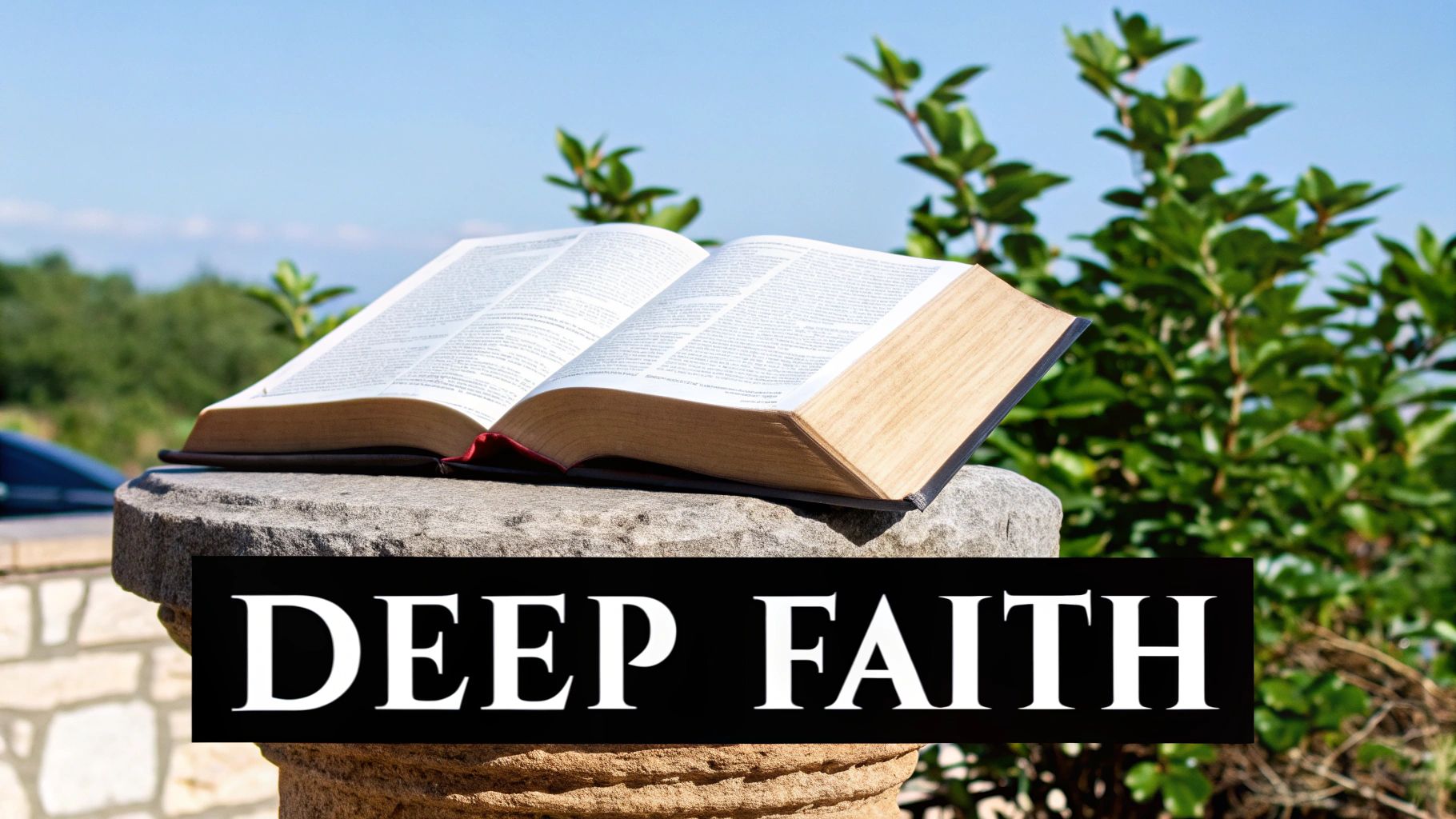 A woman reading a Bible in a peaceful setting.